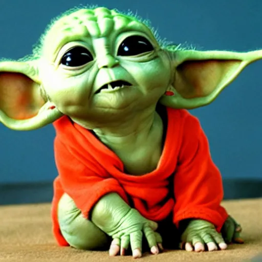 Prompt: baby yoda talking to goku