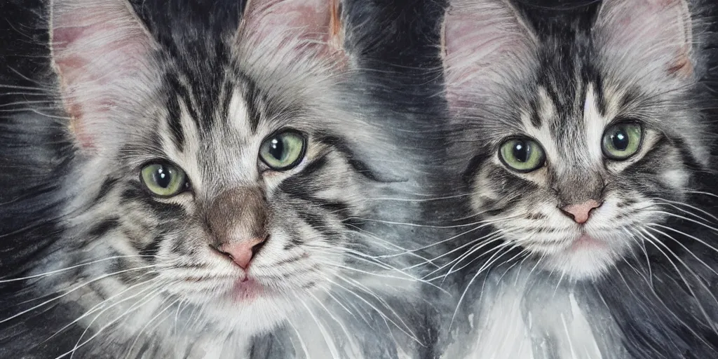 Prompt: shower curtain product catalog. on the curtain is a watercolor with ink under drawing of one maine coon kitten with its toy. wide - angle product photography, product lighting. 4 k, highly detailed. saturated.