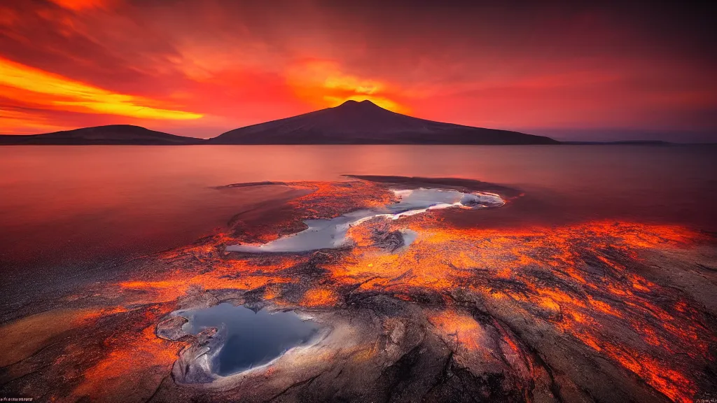 Image similar to amazing landscape photo of a volcano with lake in sunset by marc adamus, beautiful dramatic lighting