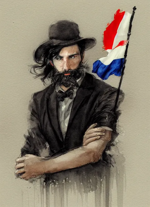 Image similar to portrait, a handsome small Frenchman with beard and long black hair toasting with whiskey, French flag in the background, watercolor, dramatic lighting, cinematic, establishing shot, extremely high detail, foto realistic, cinematic lighting, digital art, by Yoshitaka Amano, Ruan Jia, Kentaro Miura, Artgerm, post processed, concept art, artstation, matte painting, style by eddie mendoza, raphael lacoste, alex ross