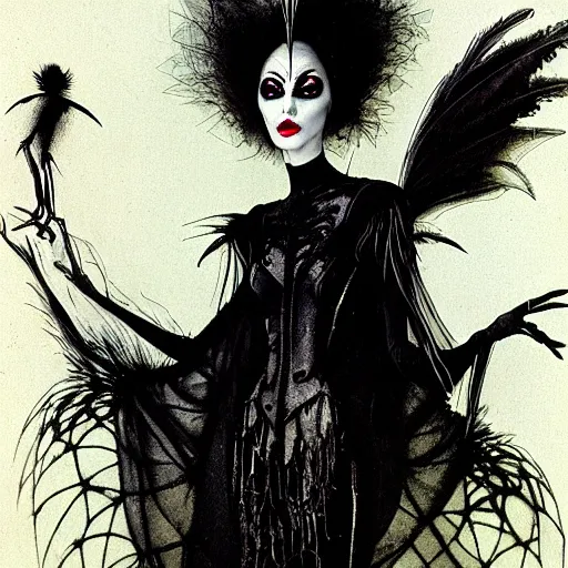 Prompt: goth woman as mysterious supervillain and and black veil and modestly clothed victorian goth, black feathers instead of hair, black wings instead of arms, gray mottled skin, black feathers growing out of skin, transforming, by tim burton and brian froud, german expressionist, paintbrush, rough paper, fine,