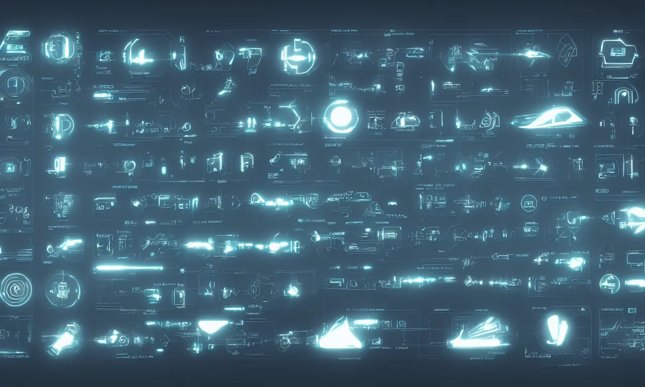 Image similar to futuristic application icons, GUI, software ICONS, operating system icons, design, modern, cinematic lighting, cinematic composition, in blade runner style