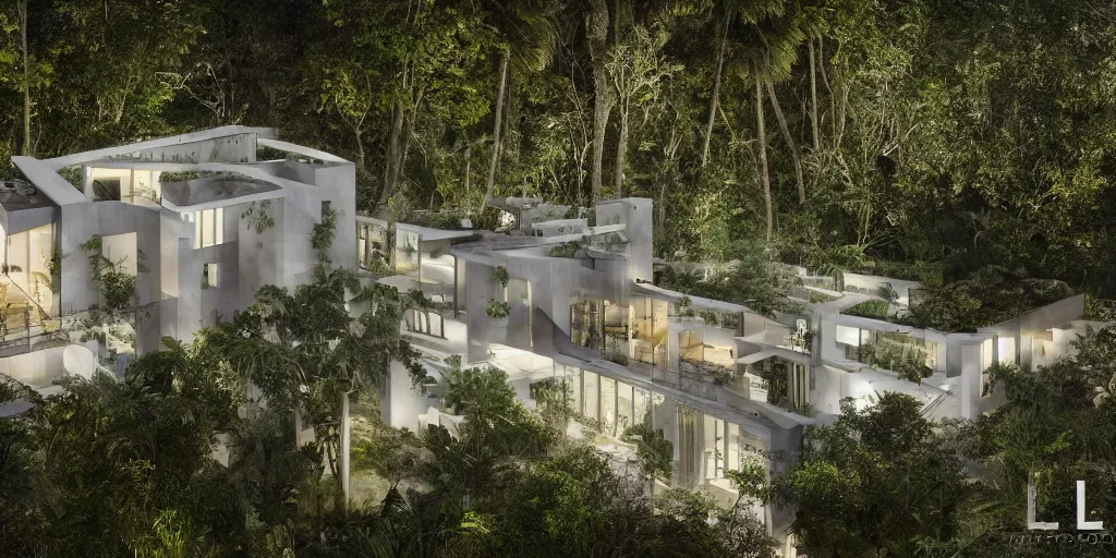 Prompt: Architectural photography of beautiful nature meets architecture concept of a residential house by Daniel Libeskind, in a tropical forest, volumetric lighting,, luxury, high detail, 14mm, cinematic photography, archdaily, hgh resolution