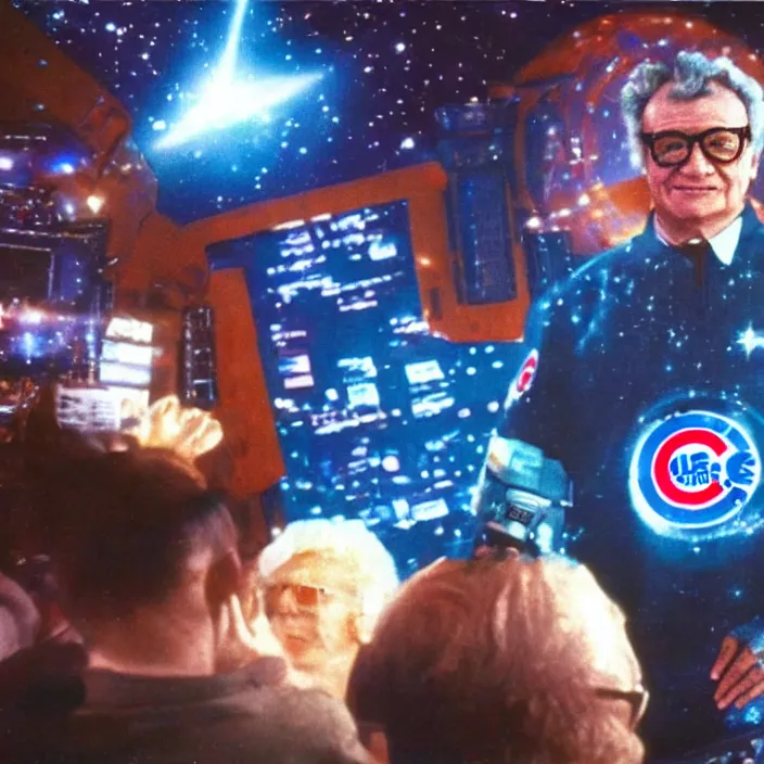 Image similar to a sci - fi hologram of chicago cubs announcer harry caray in space, universe, lasers, galaxy, cyberpunk