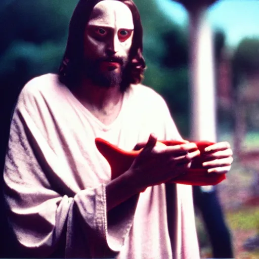 Image similar to A photo of Jesus as slasher villain, f/22, 35mm, 2700K, kodachrome, award winning photography