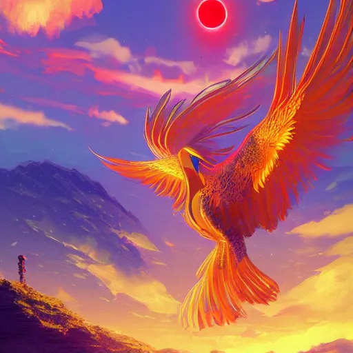 Image similar to optimism, the solarpunk phoenix, red bird, ornate egg, regeneration, landscape, epic composition, volumetric light, bokeh, painting by ilya kuvshinov and by makoto shinkai