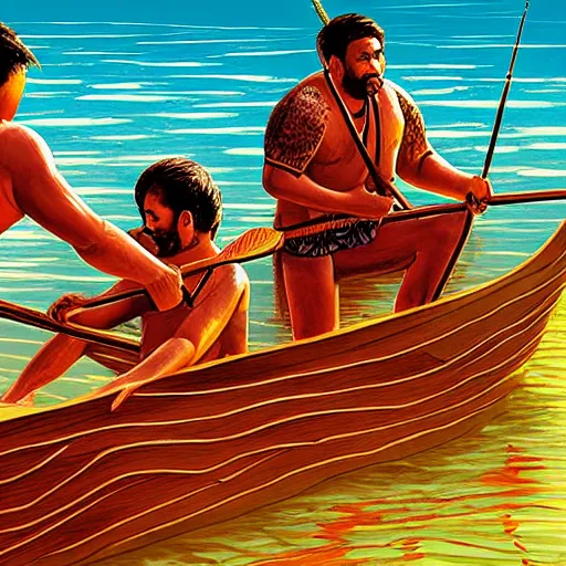 Image similar to maui and his brothers in a traditional maori waka canoe, fishing up an island, highly detailed, photorealistic, pulitzer prize winning, golden hour, sunset