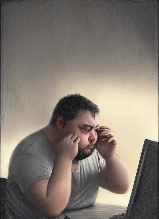 Prompt: insanely detailed chiaroscuro image of a exhausted - looking slightly ( ( ( overweight ) ) ) casually - dressed programmer guy on his knees facing his glowing ultrawide computer monitor monitor begging it for forgiveness, oil on canvas, masterwork, fine detail, trending on artstation, emotive, insanely compelling, ryden, koons, moebius