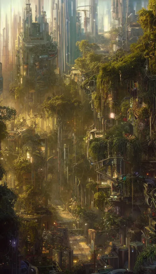 Prompt: hyper realistic cyberpunk city, overtaken by lush plants, gnarly trees by tom bagshaw, mucha, gaston bussiere, craig mullins, j. c. leyendecker 8 k