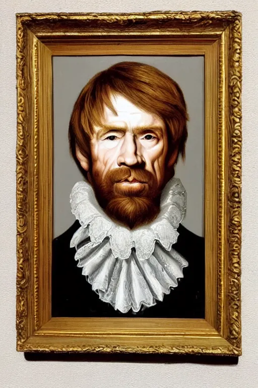 Image similar to a 1 6 0 0 s framed portrait painting of chuck norris holding a skull, intricate, elegant, highly detailed