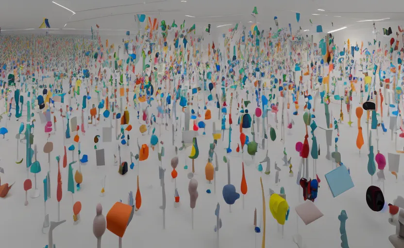 Image similar to an abstract room full of oddly shaped plastic sculptures attached to the walls on display. 8 k render.