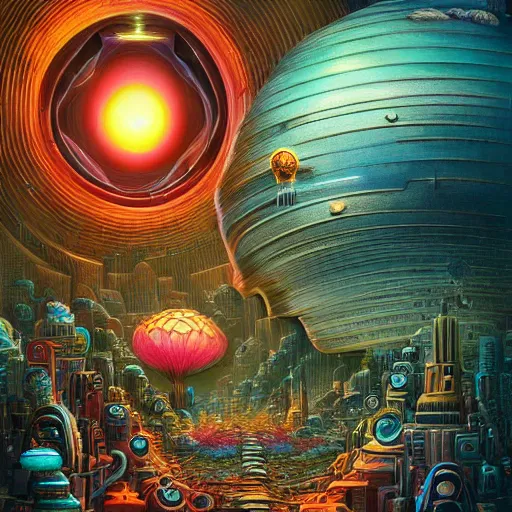 Prompt: a surreal landscape of dystopian city naoto hattori, android jones, and chris dyer, deep bold colors, galactic entity, depth of field, intricate beautiful painting, billions of details, octane render, portal, 8 k, detailed vector, trending on artstation, cgisociety, wow!!!!!!