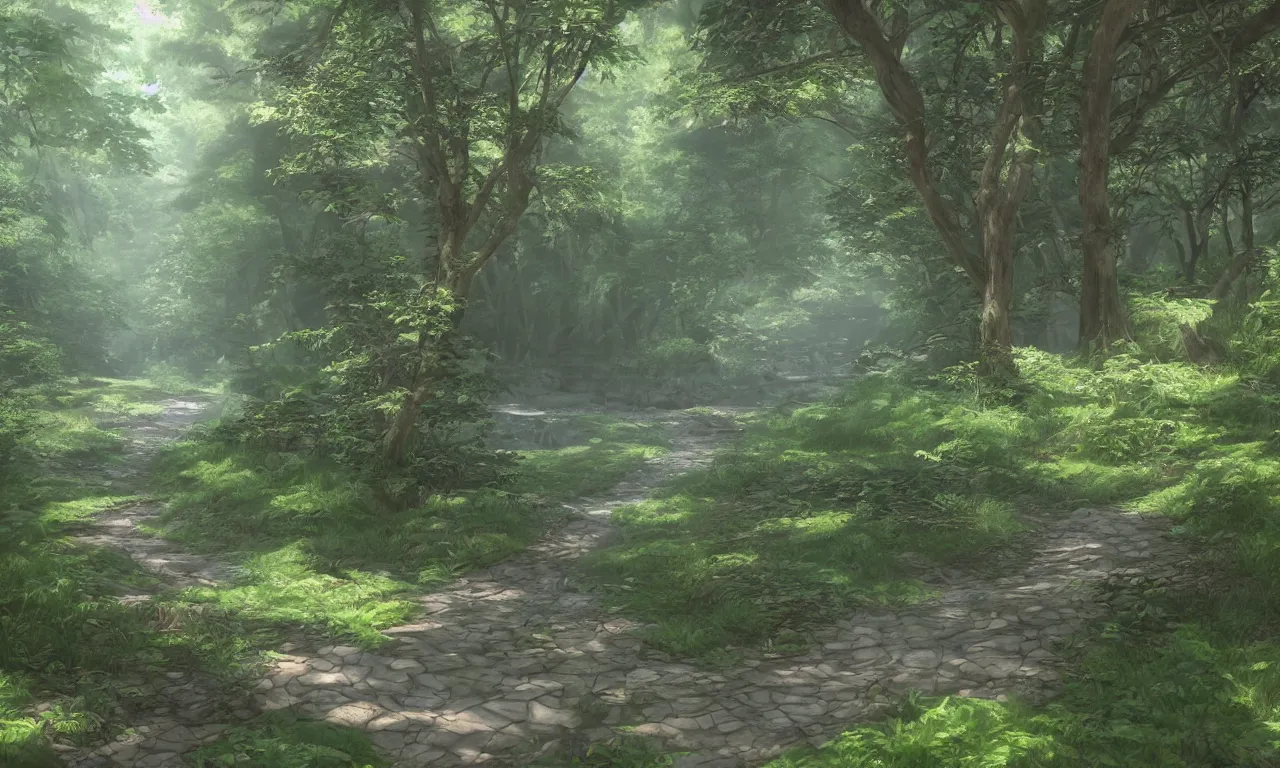 Image similar to path leading along river in the forest, soft lens, soft light, cel - shading, animation, in the style of cgsociety, deviantart, artstation, zbrush, cinema 4 d, studio ghibli, akihiko yoshida, atelier lulua, masamune shirow