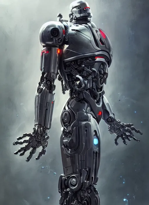 Image similar to cyborg, borg, android, strogg, face of a man, body of a robot, droid, robocop, cable, victor stone, ultron, terminator, machine, flesh, quake, doom demon, wolfenstein, monster, octane render, from an anime movie, symmetry, symmetrical, concept art by ruan jia and greg rutkowski