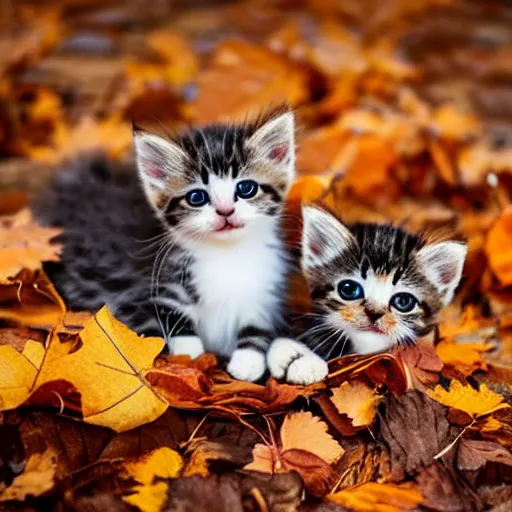 Prompt: adorable kittens sitting in a pile of autumn leaves