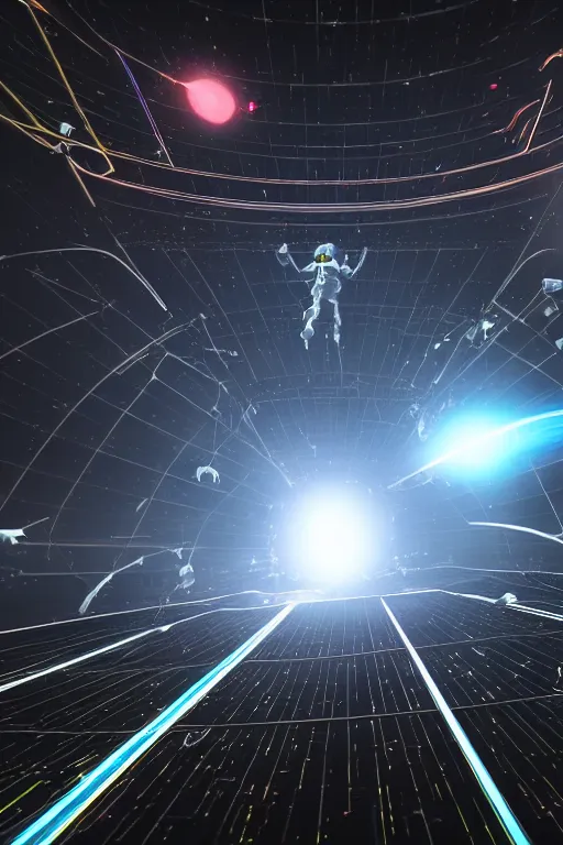 Image similar to wide view of futuristic spacemen firing lasers in zero gravity, floating, in the sky, bright white light, hiding behind obstacles, surrounded by a square laser grid, unreal engine, lensflares, low perspective, fish eye