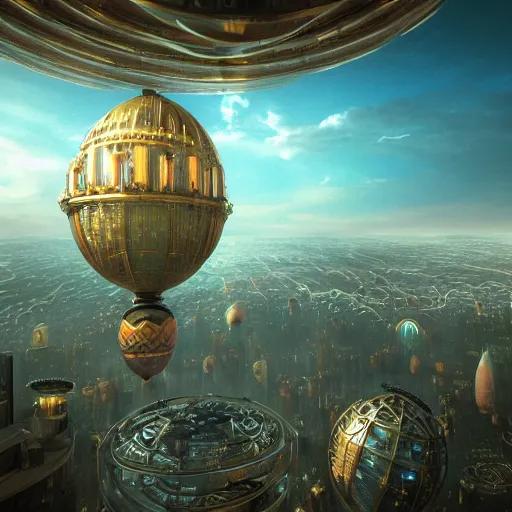 Image similar to enormous flying city in a faberge egg, sky, steampunk, fantasy art, masterpiece, hugh ferriss, octane render