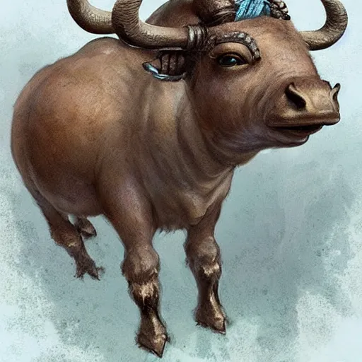 Image similar to cute little anthropomorphic water buffalo rebuilder wearing terrazzo cord, tiny, small, miniature animal, baby animal, short, pale blue armor, cute and adorable, pretty, beautiful, DnD character art portrait, matte fantasy painting, DeviantArt Artstation, by Jason Felix by Steve Argyle by Tyler Jacobson by Peter Mohrbacher, cinematic lighting