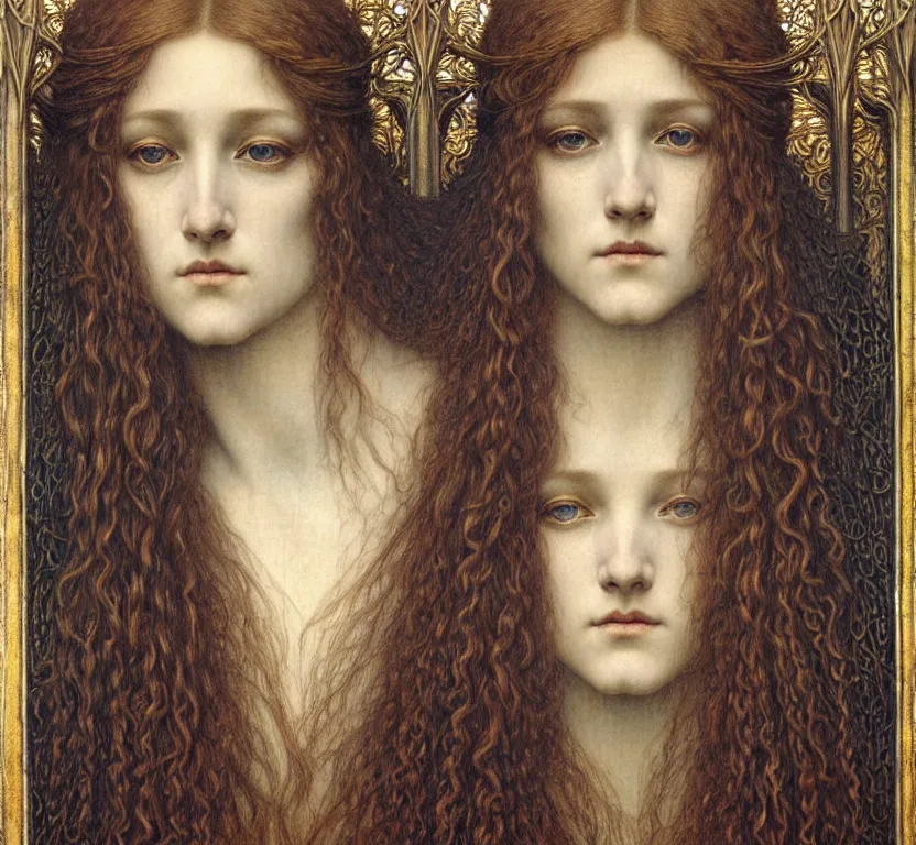 Image similar to detailed realistic beautiful young medieval queen face portrait by jean delville, gustave dore and marco mazzoni, art nouveau, symbolist, visionary, gothic, pre - raphaelite. horizontal symmetry