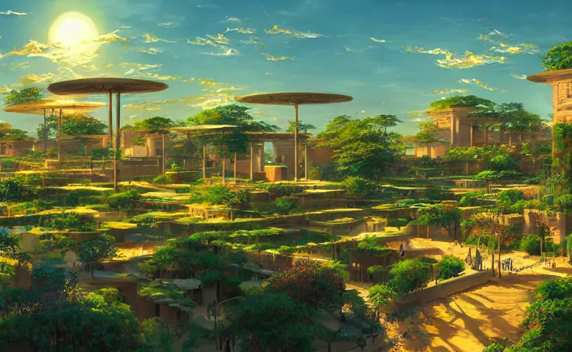 Image similar to beautiful detailed landscape artwork of the futuristic gardens of babylon, golden hour, masterpiece by Makoto Shinkai