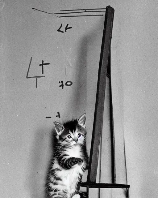 Image similar to a tall kitten standing in from of a blackboard writing math formulae, realistic photo, 1970s