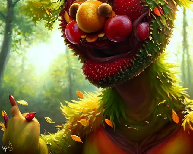 Image similar to a fruit monster made of different fruit, 3 7 9, walking around in forest, detailed mouth, detailed eyes, forest background, trees and flowers, trees in foreground, rays of golden sunlight, oil painting, highly detailed, dramatic lighting, hyperrealistic, smooth, artstation, cgsociety, by artgerm, by wlop