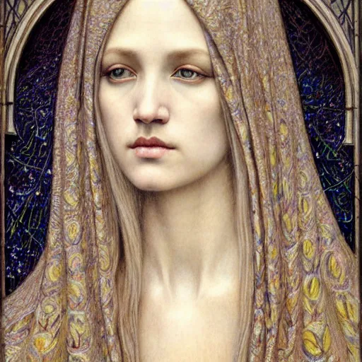 Image similar to detailed realistic beautiful young medieval queen face portrait by jean delville and marco mazzoni, art nouveau, symbolist, visionary, gothic, pre - raphaelite