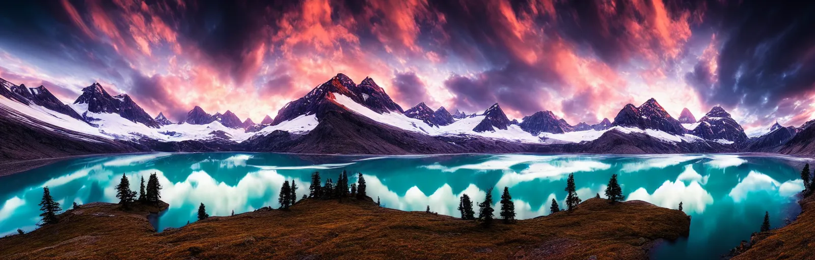 Prompt: landscape photography by marc adamus, a glacial lake, mountains, sunset, dramatic lighting, glacial lake clouds, beautiful, hyper detailed, uhd,