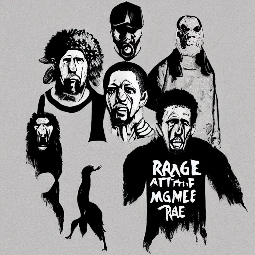 Prompt: rage against the machine band characters in style of primal apes, digital painting, artstation, 8 k,