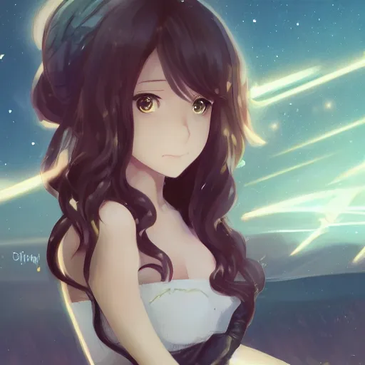Image similar to anime, full body, bunny girl, a cute female reach out to camera, shooting star in background, long wavy hair, light and shadow effects, highly detailed, digital painting, art station, sharp focus, high quality, frontal view, illustration, concept art, wlop