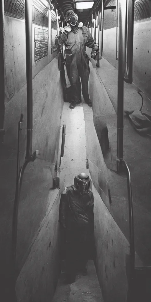 Prompt: welder wearing welding masks in the subway, by richard avedon, ominous lighting, tri - x pan stock