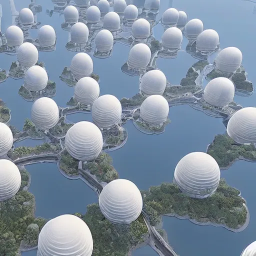 Prompt: a beautiful lot of many white sphere shaped together buildings, on the calm lake, hyper detailed, 8 k, unreal engine, by hiroshi sugimoto