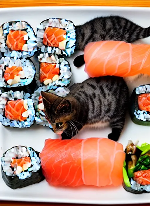 Image similar to clear photograph of cats eating sushi