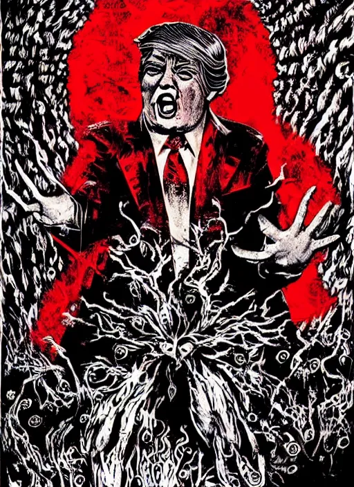 Image similar to Donald Trump's disgusting true form on a 1980s horror movie poster, inking, vintage 80s print, detailed, scary, horror, screen print, trending on artstation