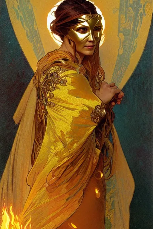 Image similar to A woman wearing golden mask, hair like fire, painting by greg rutkowski and alphonse mucha