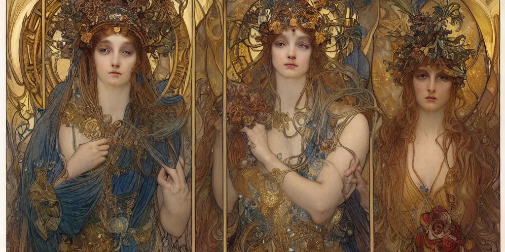 Image similar to portrait burning saint face, venus, athena, halo, by alphons mucha and annie swynnerton and jean delville, strong dramatic cinematic lighting, ornate headdress, flowing robes, spines, flowers, stars, lost civilizations, smooth, sharp focus, extremely detailed, marble, molten gold, space