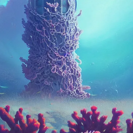 Image similar to beautiful painting of underwater corals as broadcast towers and flowers in white alien monuments in the style of Simon Stålenhag and H. R. Giger, detailed, trending on Artstation