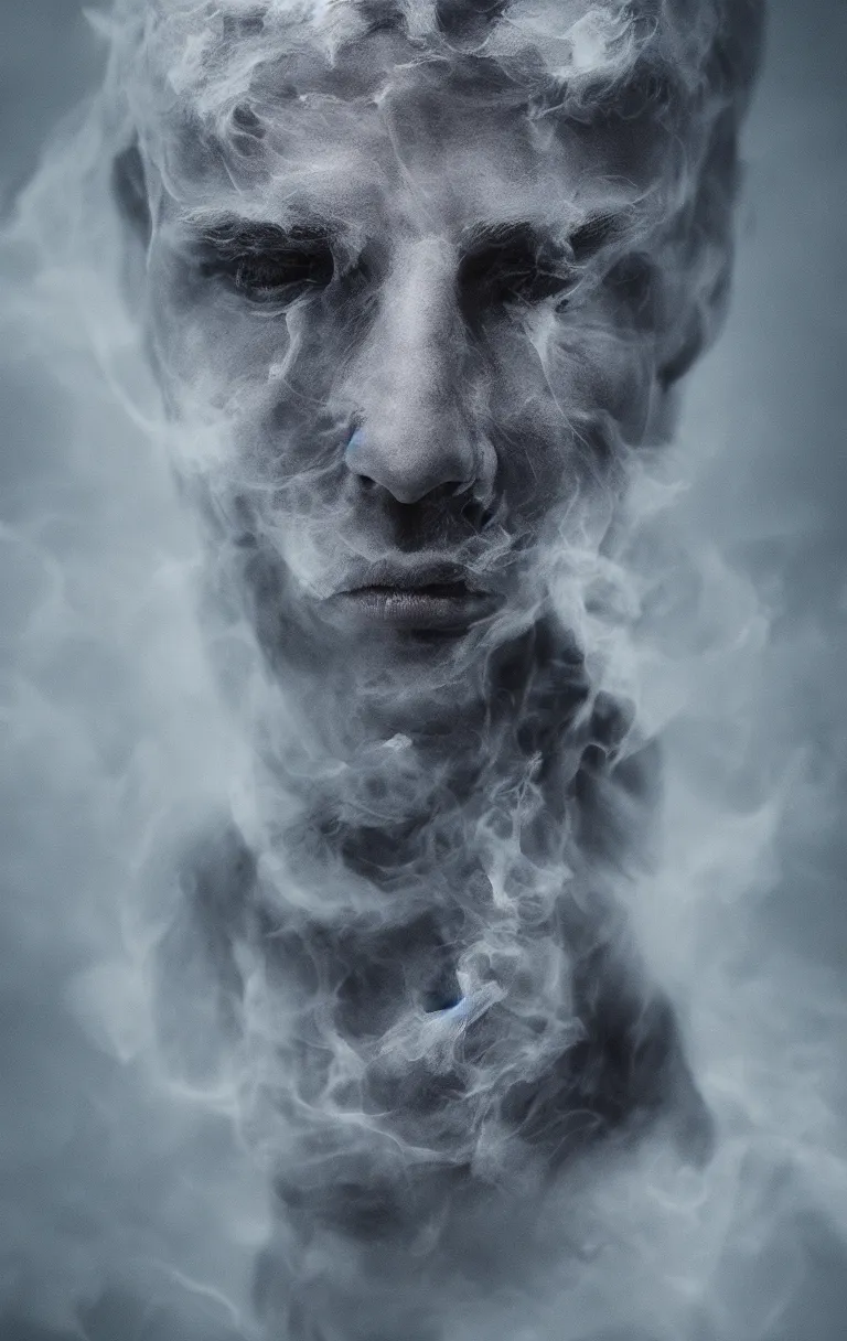 Image similar to portrait ghostly male figure, made of white and black smoke, warm light from behind, cinematic, hyper realistic, hyper detailed, octane render, blue eyes, 8K,