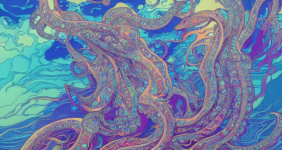 Prompt: psychedelic ocean waves, paisley patterns, dolphin 🐬 and 🐙 octopus, sunrise 🌅, photorealistic illustration, refracted lighting, psychedelic ocean art, elegant, 8 k resolution, intricate and fine details, digital painting, artstation, illustration, krenz cushart, alphonse mucha
