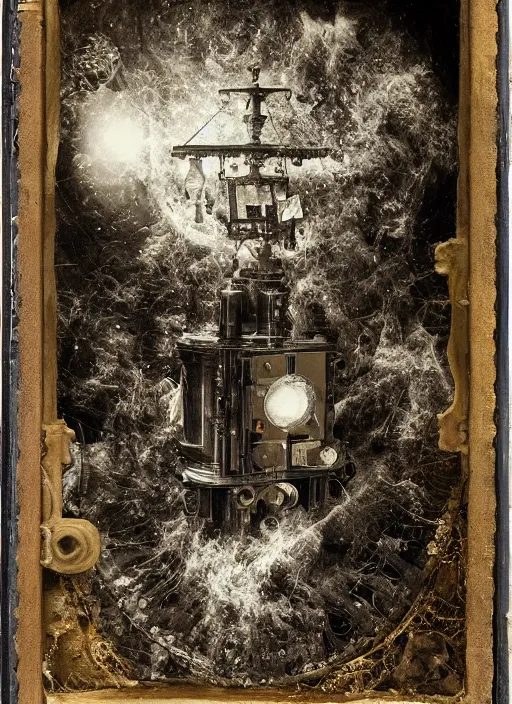 Prompt: old wetplate daguerreotype, the unveiling of pandora's box, explosion of data fragments, fractal, intricate, elegant, highly detailed, parallax, leica, medium format, subsurface scattering, by jheronimus bosch and greg rutkowski and louis jacques mande daguerre