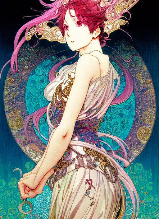 Image similar to exquisite imaginative creature manga poster art of demon slayer, pearlescent, shimmering, reflective, rim light, detailed background, by kojima ayami, shigenori soejima. takeshi obata, alphonse mucha, jump comics, illustration, artstation, concept art, highly detailed, colorful, maximalist