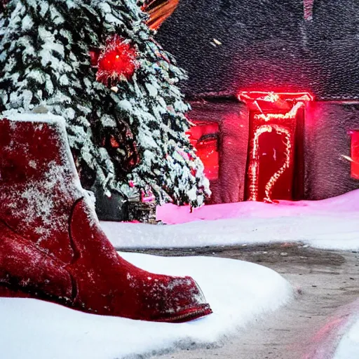 Prompt: Your armored boots step through the red portal, landing in freshly fallen snow. Before you stands the remains of a magical town where little charred cottages barely stand. Flecks of broken ornaments can be seen littering the snow, and sharp chunks of giant candycanes look like bloodstained spears jutting from the ground.