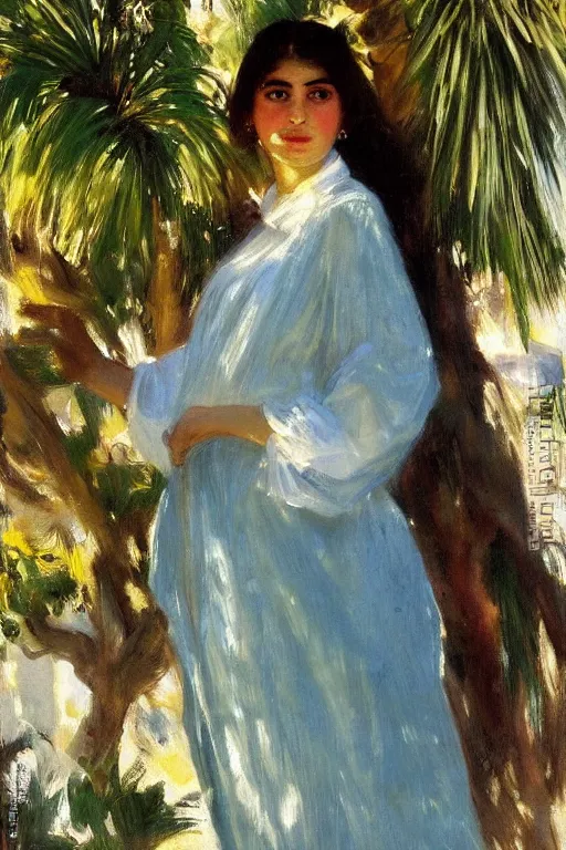 Image similar to portrait of persian girl near a lot of palm trees and bougainvillea, painting by john singer sargent
