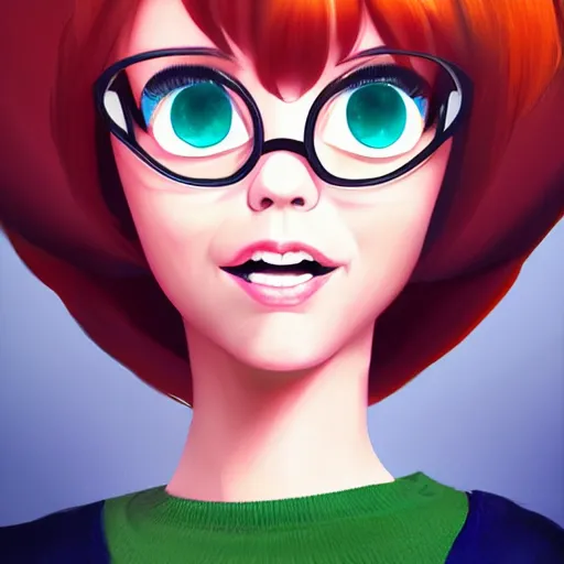 Image similar to portrait of velma from scooby doo, smiling, digital art, beautiful, by artgem and WLOP, trending on artstation, 4k