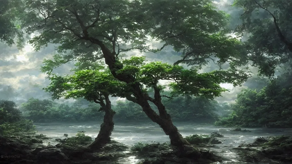 Prompt: very realistic oil painting of a single cloud tree with lots of cloud shaped leaves, A beautiful, highly detailed, masterpiece, next to a small crystal clear river, oil painting by Greg Rutkowski.