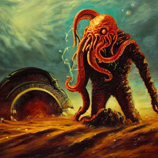 Prompt: an oil painting of Michael mcintyre fighting cthulhu on mars