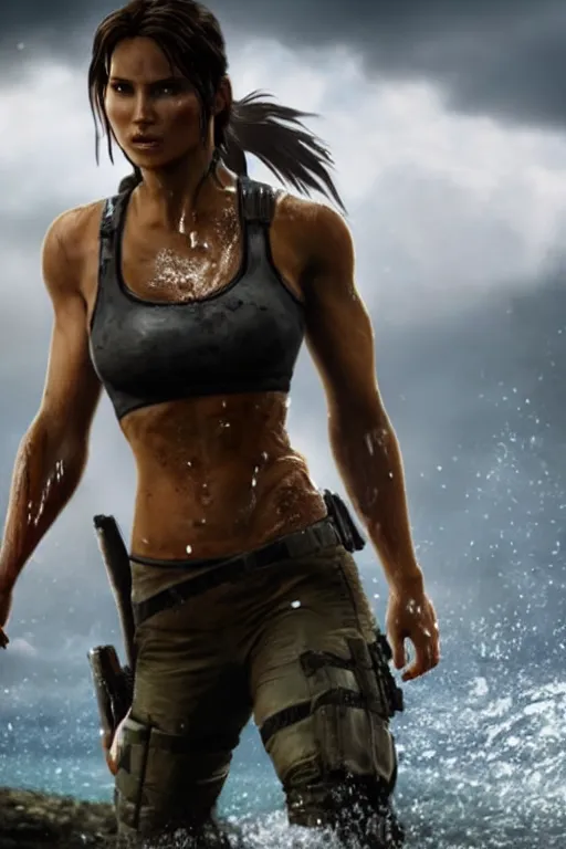 Image similar to a film still of lara croft, close up, muscular, drenched body, wet dripping hair, emerging from the water,