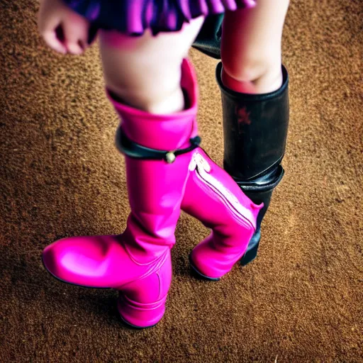 Image similar to young girl with dark hair, two ponytails, wears boots, next to her is a pink pony with a hat, photo taken by nikon, sharp focus, highly detailed, studio lightning, 4 k