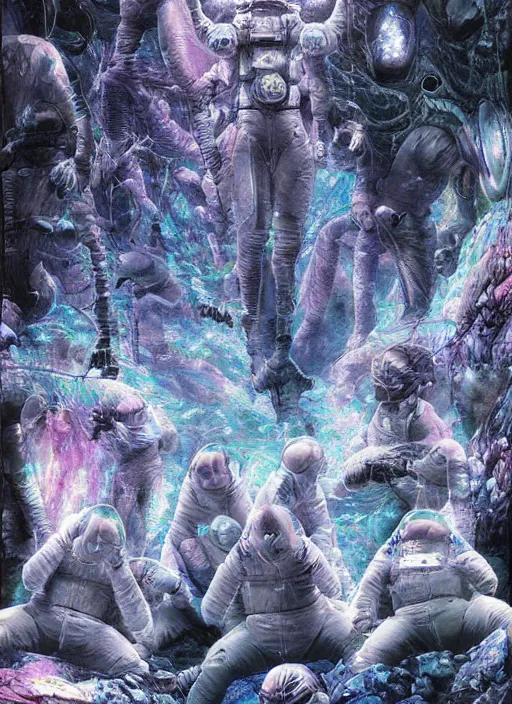 Image similar to astronauts in the dark infinite underwater void - complex and hyperdetailed technical suit, fabric material. reflection and dispersion materials. rays and dispersion of light. volumetric light. wide angle, f / 3 2. noise film photo. flash photography. ultra realistic, wide angle. poster by wayne barlowe, hajime sorayama aaron horkey, craig mullins