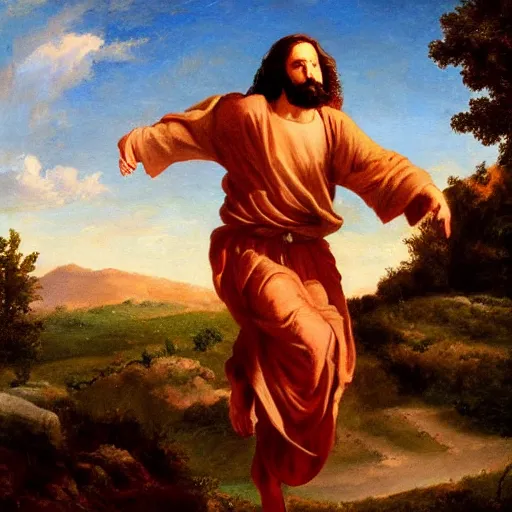 Prompt: Jesus jumping on a four-wheeler, oil painting